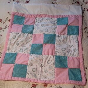 Handmade Patchwork Baby Quilt in Pink, Teal & White Cotton Soft White Flannel